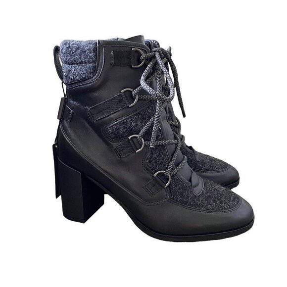 NEW Napoleoni Italy Black Leather Lace up Heel Booties Boots Women's 38 US 7.5 - Picture 1 of 9